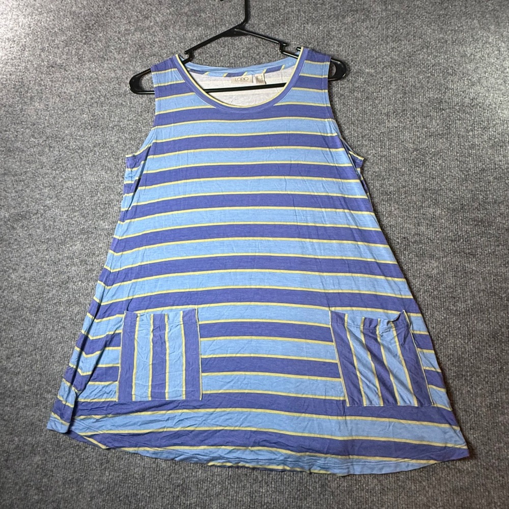 LOGO Lori Goldstein Womens Blue Striped Sleeveless Tunic Top Pockets Medium
